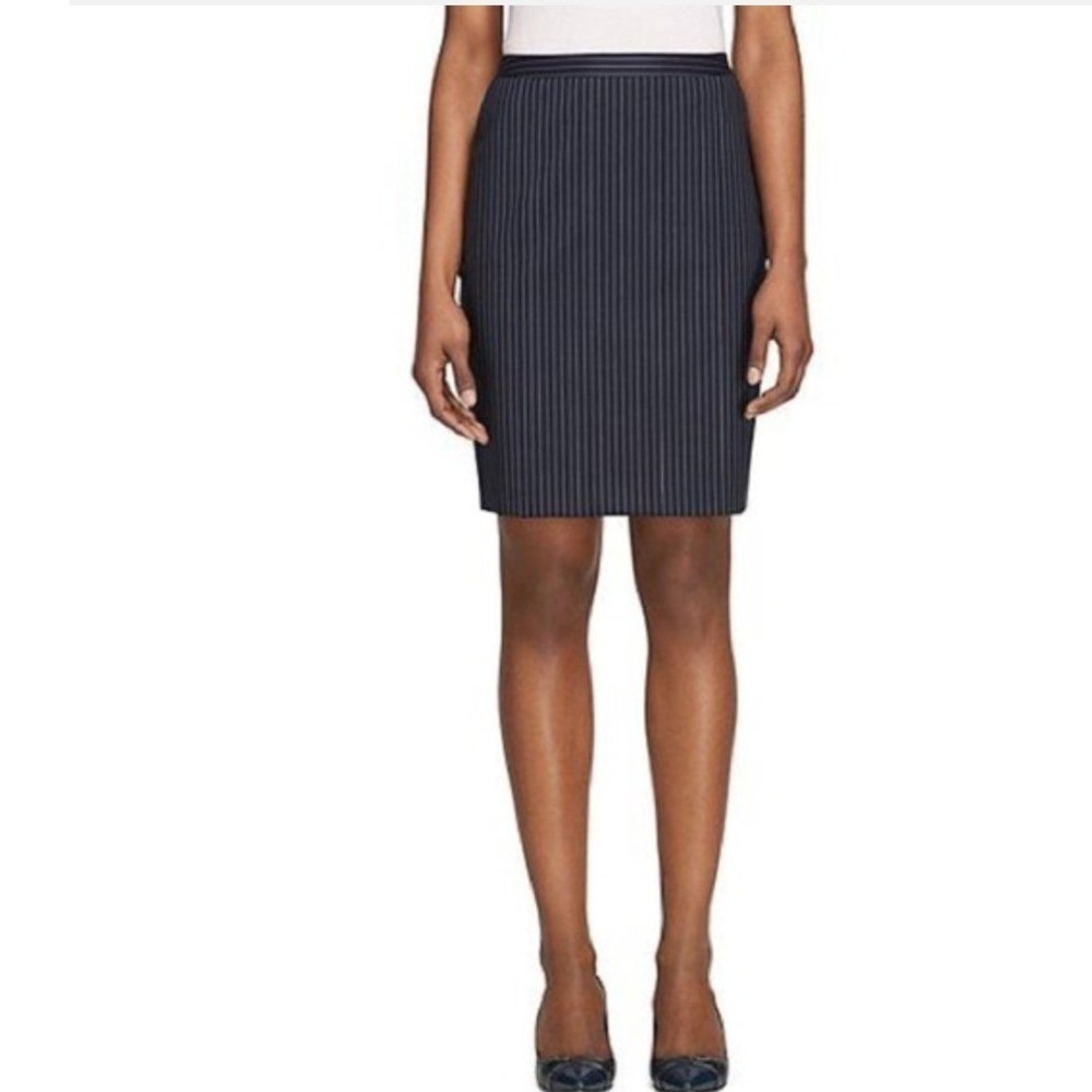 Brooks Brothers Loro Piana Stretch Wool Pinstripe Pencil Skirt Navy Blue Size 10